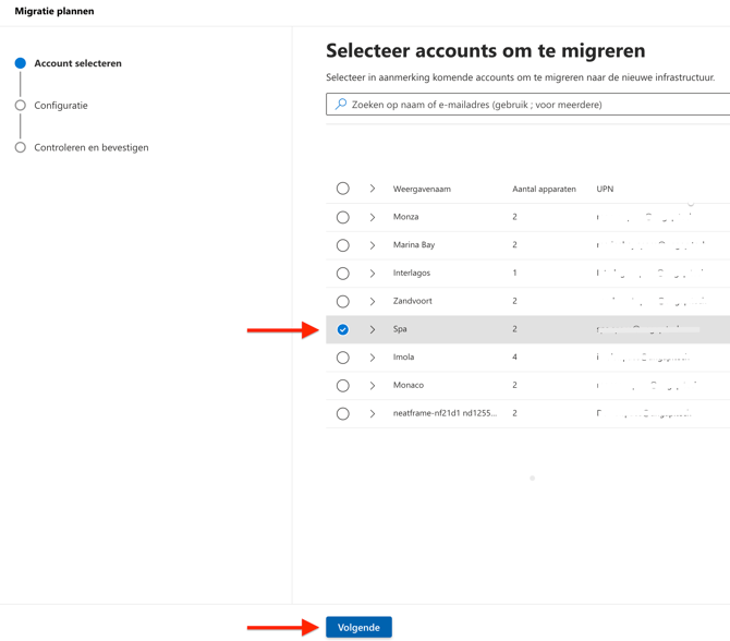 Selecteer juiste account om te migreren